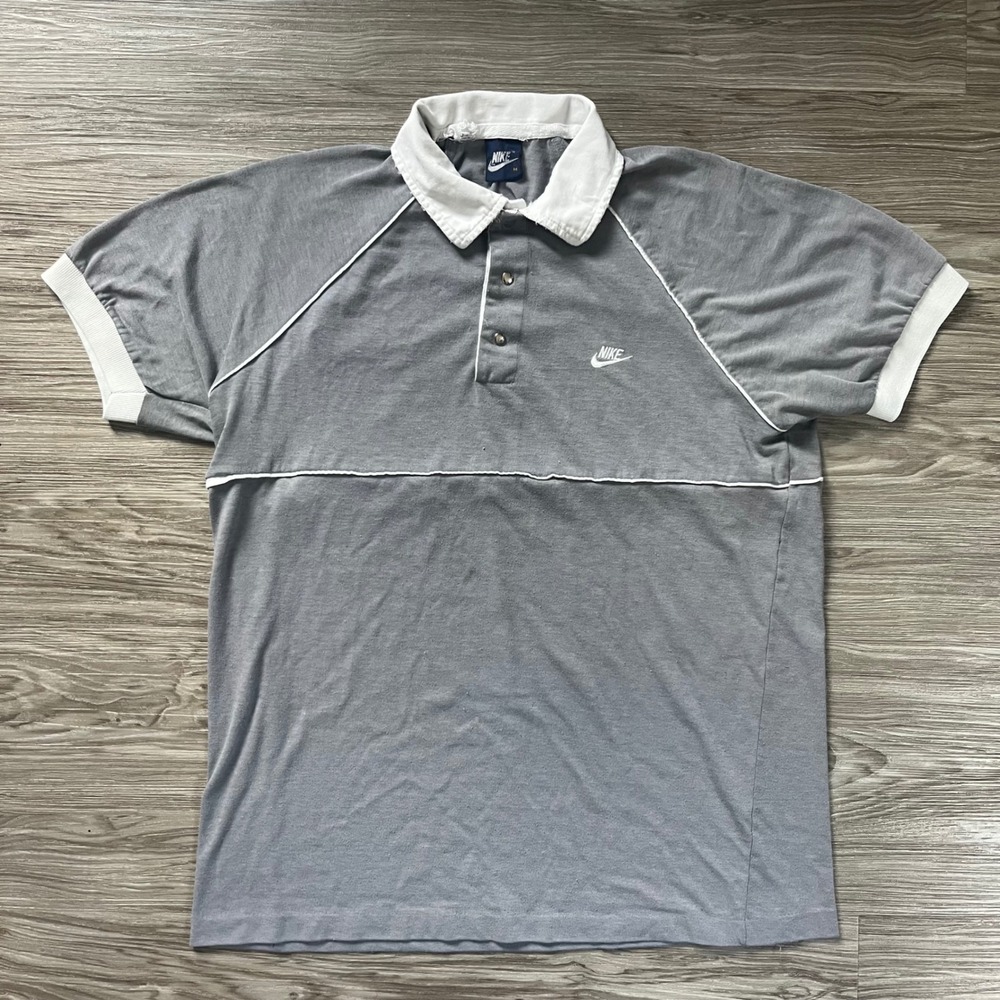 Vintage Nike Polo Shirt Mens Medium Grey White Raglan Sleeve Snap Placket Retro